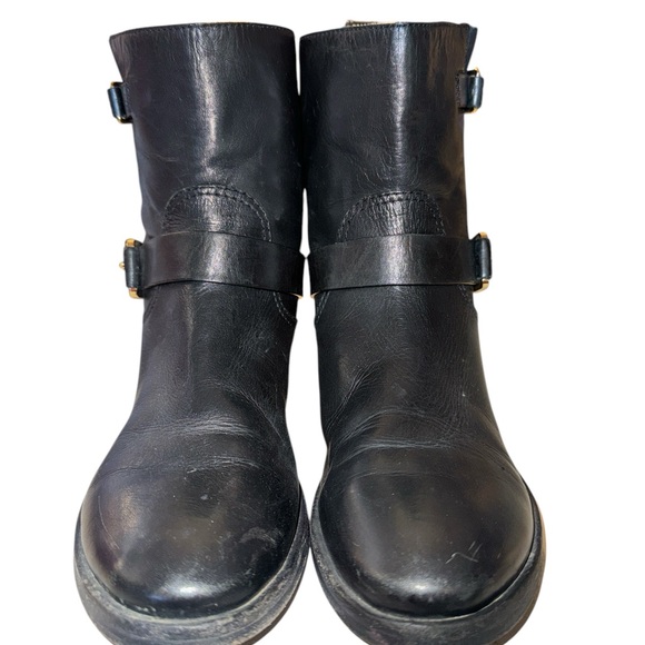 Tory Burch Bennie Wmn’s 8 Moto Black Leather Buckled Ankle Biker Riding Boots - Picture 3 of 9